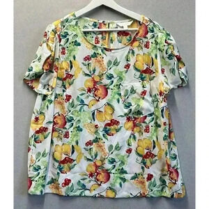 LC Lauren Conrad Women's Sz‎ 2XL Colorful Fruits Art Print Scrunch Sleeve Blouse